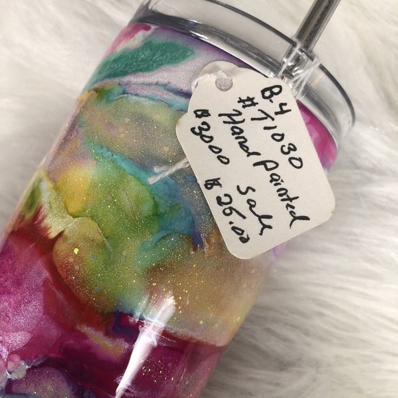 20 Ounce Tumbler Hand-Painted Pinks Pearl Teal Yellow Lid And Straw - Picture 15 of 16